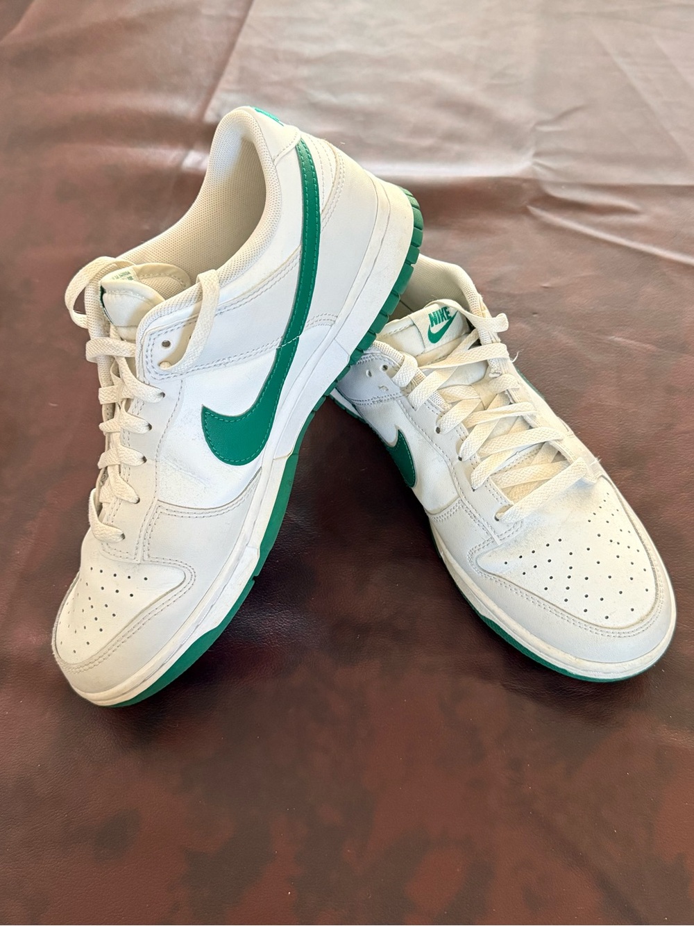 Nike White Sneakers with Green Swoosh and Green Trim